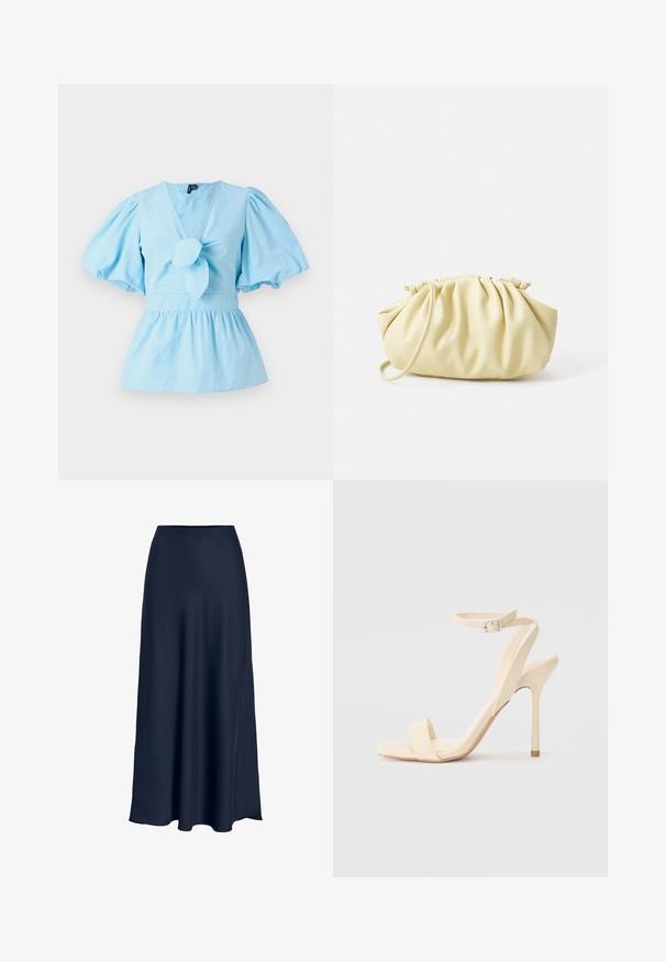 Lichtblauw top met pofmouwen, een V-hals, een geknoopte voorkant en een getailleerde taille die uitloopt in een peplumzoom. Katoenen stof.; Navyblauwe satijnen maxirok met een gladde textuur, hoge taille en vloeiende silhouet. Eindigt met een lichte curve aan de zoom.; Beige hoge hak sandaletten met een slanke enkelband en vierkante neus. Gladde synthetische materialen, minimalistisch ontwerp en een stiletto hak.; Geel geplooide handtas van soepel nepleer, met een zachte vorm, een enkele schouderriem en een verzameld ontwerp aan de bovenkant.