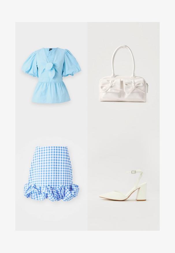 Haut bleu clair à manches bouffantes avec un décolleté en V, détail noué sur le devant et une taille ajustée qui s'élargit en un ourlet peplum. Tissu en coton.; Jupe vichy bleue et blanche avec un ourlet cranté. Présente une silhouette ajustée et une texture de tissu douce. Le motif est composé de petits carrés à carreaux.; Sandale blanche à talon avec un bout pointu, sangle de cheville réglable et un talon carré épais. Texture lisse avec des détails de couture minimaux.; Sac à main synthétique blanc avec deux poches avant, chacune ornée d'un nœud noué. Texture lisse, anses arrondies et fermeture zippée.