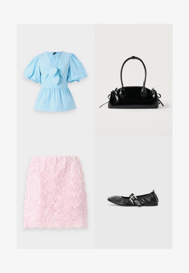 Lichtblauw top met pofmouwen, een V-hals, een geknoopte voorkant en een getailleerde taille die uitloopt in een peplumzoom. Katoenen stof.; Roze mini-rok met een textuurontwerp en gelaagde stoffen bloemen. Het oppervlak is zacht en gedetailleerd, wat een driedimensionaal bloemeneffect geeft.; Zwarte leren platte schoen met een spitse neus, geplooide details rond de opening en een zilveren gespaccentueerde verstelbare band.; Kleine zwarte glanzende handtas met twee lange hengsels en zijkant trekkoord details op een effen lichte achtergrond.