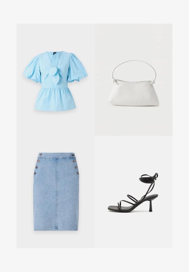 Lyseblå top med pufærmer, V-hals, knyttet forreste detalje og en tætsiddende talje, der udvider sig til en peplum-kant. Fremstillet af bomuldsstof.; Lysblå denimnederdel i tætsiddende silhouette med en forhøjet søm foran og fem brune knapper på venstre side som detalje. Glat tekstur.; Sort strappy sandal med firkantet tå, justerbare ankelbind og en slank, blokhæl. Fremstillet af et glat, holdbart materiale.; Hvid fletlæderhåndtaske med afrundet håndtag og ender på remmen, der er knyttet, vist mod en ensfarvet baggrund.