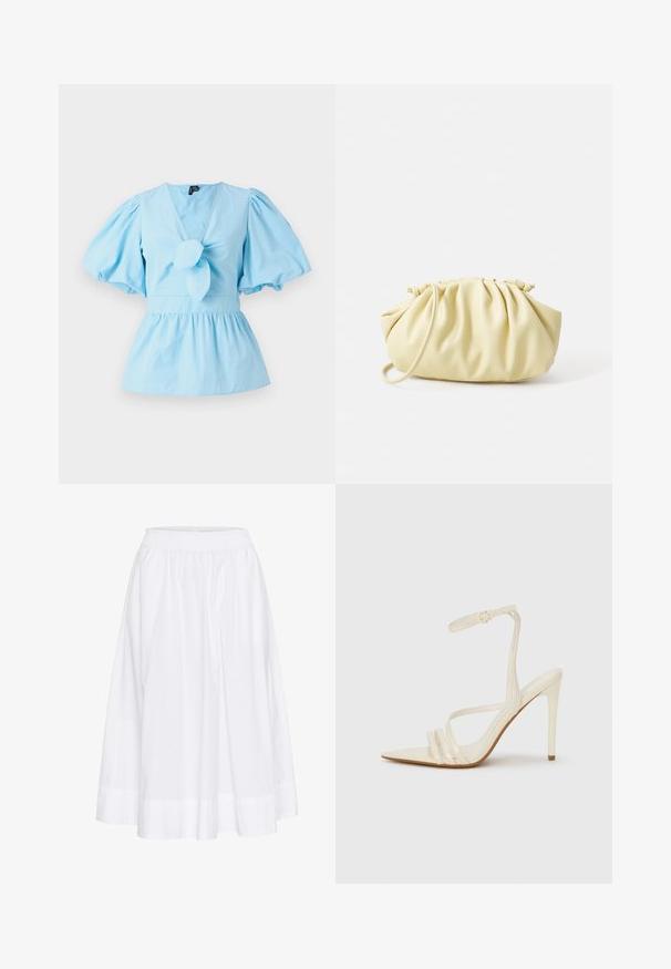 Haut bleu clair à manches bouffantes avec un décolleté en V, détail noué sur le devant et une taille ajustée qui s'élargit en un ourlet peplum. Tissu en coton.; Jupe blanche mi-longue en tissu léger, dotée d'une taille élastique et d'un design fluide avec une texture subtile.; Sandales à talons hauts beiges avec un bout pointu, comportant trois brides à l'avant et une fine bride à la cheville avec une boucle. Texture lisse, design minimaliste.; Sac à main plissé jaune en simili cuir lisse, arborant une forme douce avec une bandoulière unique et un design froncé sur le dessus.