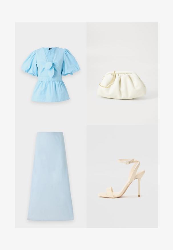 Hele sinise puffy varrukatega pluus V-kaelusega, sõlmitud eesmine detail ja sobiv talje, mis laieneb peplum alläärde. Puuvillane kangas.; Helehelesin sinine A-line seelik, mis on valmistatud siledast kangast, omades puhta disaini ilma nähtavate mustrite või aksessuaarideta, ulatudes keskmise pikkuseni.; Beežid kõrged kontsad peene pahkluu rihmaga ja ruudukujulise varbaga. Sile sünteetiline materjal, minimalistlik disain ja stilettokonts.; Valge nahast käsipadi, millel on kogutud disain, kuldne kett ja ümar kuju. Sile tekstuur pehmete voltidega ja ilma mustriteta.