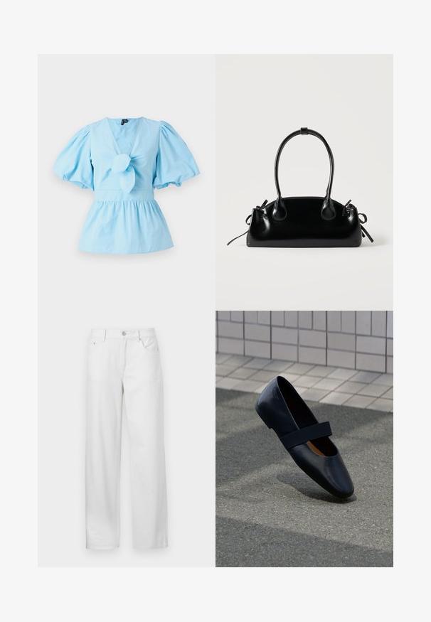 Helles blaues Oberteil mit Puffärmeln, V-Ausschnitt, geknotetem Vorderteil und einer taillierten Passform, die in einen Peplum-Saum übergeht. Baumwollstoff.; Weiße Denim-Hosen mit lockerer Passform, ausgestattet mit einem Knopf- und Reißverschluss, Gürtelschlaufen und einem klassischen Five-Pocket-Design.; Schwarze Leder-Ballerina mit runder Zehenpartie, ausgestattet mit einem weichen schwarzen Elastikband über dem Vorderfuß. Glatte Textur und minimalistisches Design.; Kleine schwarze glänzende Handtasche mit zwei langen Griffen und seitlichen Kordelzug-Details vor einfachem hellem Hintergrund.