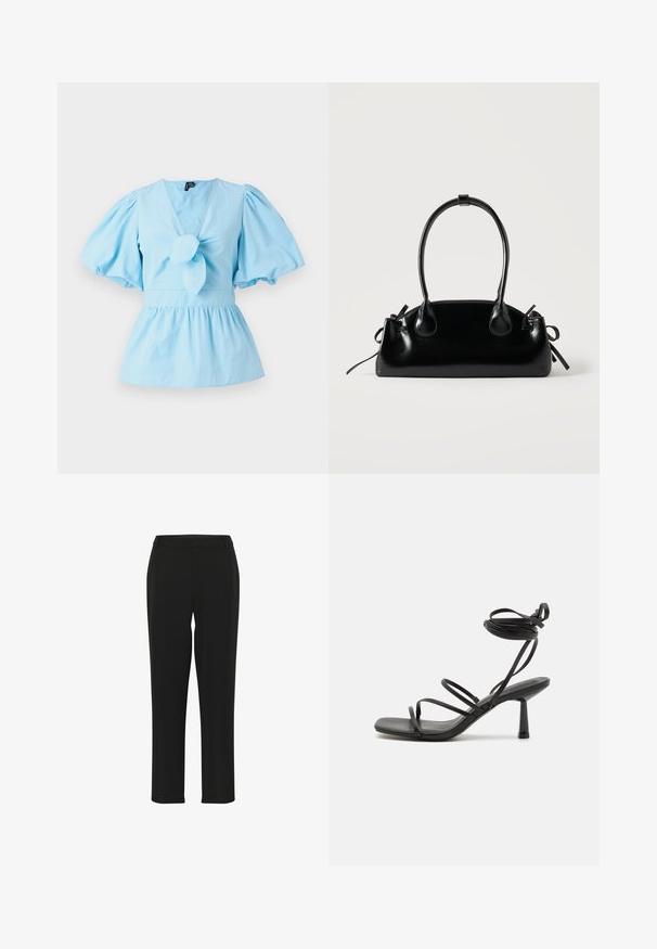 Haut bleu clair à manches bouffantes avec un décolleté en V, détail noué sur le devant et une taille ajustée qui s'élargit en un ourlet peplum. Tissu en coton.; Pantalons noirs avec une coupe droite, présentant une texture lisse, une taille ajustée et sans ornements ni motifs visibles.; Sandale noire à lanières avec un bout carré, des liens de cheville réglables et un talon carré fin. Fabriquée en un matériau lisse et durable.; Petit sac à main noir brillant avec deux longues anses et des détails à cordon sur les côtés sur un fond clair uni.