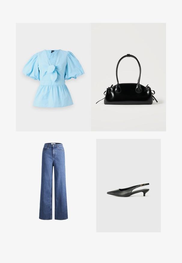 Haut bleu clair à manches bouffantes avec un décolleté en V, détail noué sur le devant et une taille ajustée qui s'élargit en un ourlet peplum. Tissu en coton.; Jean large en denim bleu clair avec taille haute, deux poches avant et coutures visibles. Fermeture à bouton et à zip.; Chaussure slingback noire à bout pointu en cuir lisse. Présente un talon fin et un détail de boucle sur la sangle réglable.; Petit sac à main noir brillant avec deux longues anses et des détails à cordon sur les côtés sur un fond clair uni.