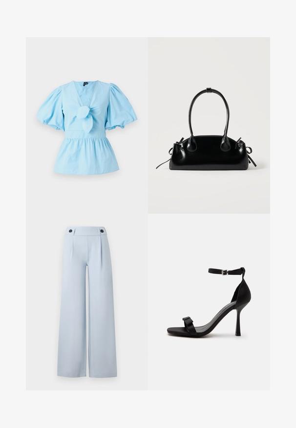 Top de manga abullonada azul claro con escote en V, detalle de nudo en la parte delantera y una cintura ajustada que se abre en un dobladillo de peplum. Tela de algodón.; Pantalones de pierna ancha en azul claro con frente plano, pliegues y dos botones negros en la cintura. Fabricados en una tela suave con un acabado limpio.; Sandalia negra de tacón alto con una correa en el tobillo, hebilla plateada y una correa frontal con un pequeño detalle de lazo.; Pequeño bolso negro brillante con dos asas largas y detalles de cordón lateral sobre un fondo claro liso.