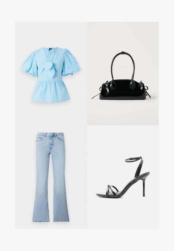 Lichtblauw top met pofmouwen, een V-hals, een geknoopte voorkant en een getailleerde taille die uitloopt in een peplumzoom. Katoenen stof.; Lichtblauwe uitlopende jeans van denim. Heeft een hoge taille, een traditionele vijf-pocketontwerp en een licht vervaagde textuur.; Zwarte lakleren sandaal met hoge hak, met dunne bandjes die over de tenen kruisen en een enkelriempje met gesp op een witte achtergrond.; Kleine zwarte glanzende handtas met twee lange hengsels en zijkant trekkoord details op een effen lichte achtergrond.