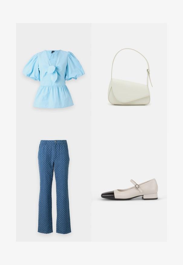 Top de manga abullonada azul claro con escote en V, detalle de nudo en la parte delantera y una cintura ajustada que se abre en un dobladillo de peplum. Tela de algodón.; Pantalones azules de diseño acampanado, con un patrón de diamantes y un cierre de botón en la parte delantera. Textura de tela suave.; Zapato estilo Mary Jane en cuero crema con puntera de charol negro. Presenta una punta redonda, tirante en el tobillo con una hebilla cuadrada y un tacón bajo y cuadrado.; Bolso de mano de imitación cuero blanco con una forma triangular estructurada, correa ajustable única y cierre con solapa acentuada en curva.