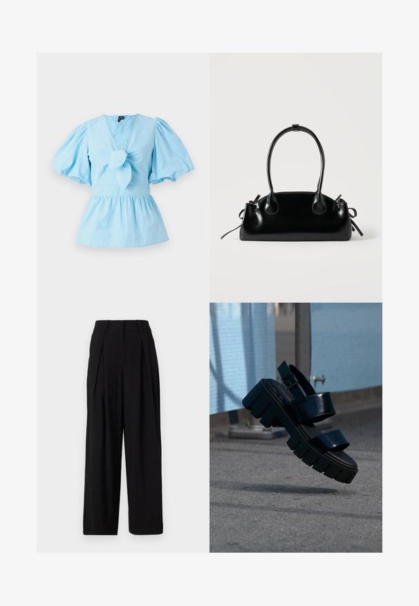 Top de manga abullonada azul claro con escote en V, detalle de nudo en la parte delantera y una cintura ajustada que se abre en un dobladillo de peplum. Tela de algodón.; Pantalones de pierna ancha negros, hechos de una tela suave, con una cinturilla alta, pliegues en la parte delantera y una silueta fluida.; Sandalia negra de plataforma gruesa con dos correas y hebilla, suspendida en el aire sobre pavimento gris y fondo de tela azul.; Pequeño bolso negro brillante con dos asas largas y detalles de cordón lateral sobre un fondo claro liso.