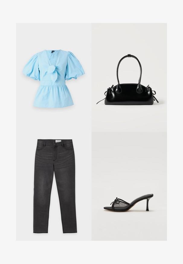 Lyseblå top med pufærmer, V-hals, knyttet forreste detalje og en tætsiddende talje, der udvider sig til en peplum-kant. Fremstillet af bomuldsstof.; Sort denim med lige ben, knap- og lynlåslukning, for- og baglommer samt diskret falming på lårene, lagt fladt på en hvid baggrund.; Sort hællet mule med netoverdel, tynde stropper og en dekorativ knude. Har en slank, spids hæl og en struktureret indersål.; Lille sort blank håndtaske med to lange håndtag og snøre-detaljer i siden på en ensfarvet lys baggrund.