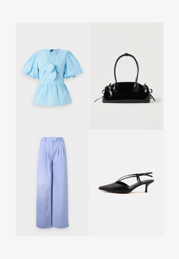 Hele sinise puffy varrukatega pluus V-kaelusega, sõlmitud eesmine detail ja sobiv talje, mis laieneb peplum alläärde. Puuvillane kangas.; Heledad sinise värvi laiad püksid, millel on triibuline muster, kortsustatud esikülg ja kõrge talje. Valmistatud siledast kangast, millel on pehme tekstuur.; Mustast nahast, terava otsaga madala kontsaga kingad, õhukese pahkluu rihma ja pandlaga, slingback disainiga, ühevärvilisel heledal taustal.; Väike must läikiv käekott kahe pika sangaga ja külgedel paelakinnitustega, ühel lihtsal helel taustal.