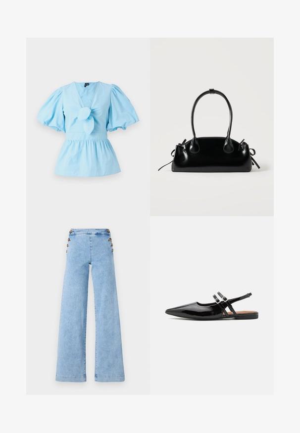Haut bleu clair à manches bouffantes avec un décolleté en V, détail noué sur le devant et une taille ajustée qui s'élargit en un ourlet peplum. Tissu en coton.; Jean large en denim bleu clair à taille haute, avec des accents de boutons en métal sur les côtés et une texture lisse légèrement vieillie.; Des chaussures slingbacks en cuir verni noir présentent un bout pointu, deux sangles avec des accents de boucle, et une semelle plate.; Petit sac à main noir brillant avec deux longues anses et des détails à cordon sur les côtés sur un fond clair uni.