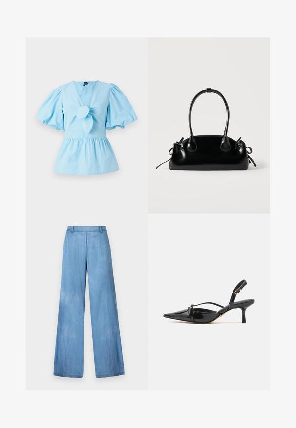 Lichtblauw top met pofmouwen, een V-hals, een geknoopte voorkant en een getailleerde taille die uitloopt in een peplumzoom. Katoenen stof.; Lichtblauwe wijde broek van denim, met een hoge taille, subtiele vervaging en een schone zoom zonder versieringen of zakken.; ALDO MARIETTA PILLOW WALK - Klassieke pumps - black; Kleine zwarte glanzende handtas met twee lange hengsels en zijkant trekkoord details op een effen lichte achtergrond.