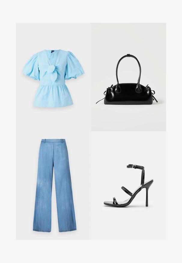Helles blaues Oberteil mit Puffärmeln, V-Ausschnitt, geknotetem Vorderteil und einer taillierten Passform, die in einen Peplum-Saum übergeht. Baumwollstoff.; Helle blaue weite Jeans aus Denim, mit hoher Taille, subtilen Verwaschungen und einem sauberen Saum ohne Verzierungen oder Taschen.; Schwarze Lackleder-High-Heel-Sandalen mit drei horizontalen Riemen und einem verstellbaren Knöchelriemen. Schlanke Silhouette und glänzende Oberfläche.; Kleine schwarze glänzende Handtasche mit zwei langen Griffen und seitlichen Kordelzug-Details vor einfachem hellem Hintergrund.