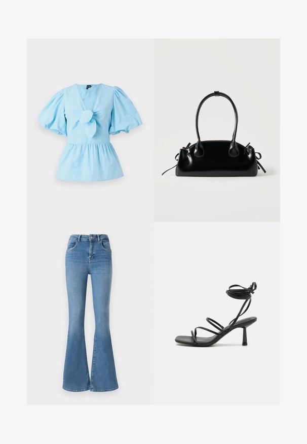 Helles blaues Oberteil mit Puffärmeln, V-Ausschnitt, geknotetem Vorderteil und einer taillierten Passform, die in einen Peplum-Saum übergeht. Baumwollstoff.; Ausgestellte Jeans aus blauen Denim, mit einer hohen Taille, Reißverschluss und Knopfverschluss sowie einem ausgebleichten Design mit dezenten Waschungseffekten.; Schwarze Sandale mit Riemchen, quadratischer Zehenpartie, verstellbaren Knöchelbindungen und einem schmalen Blockabsatz. Hergestellt aus einem glatten, strapazierfähigen Material.; Kleine schwarze glänzende Handtasche mit zwei langen Griffen und seitlichen Kordelzug-Details vor einfachem hellem Hintergrund.