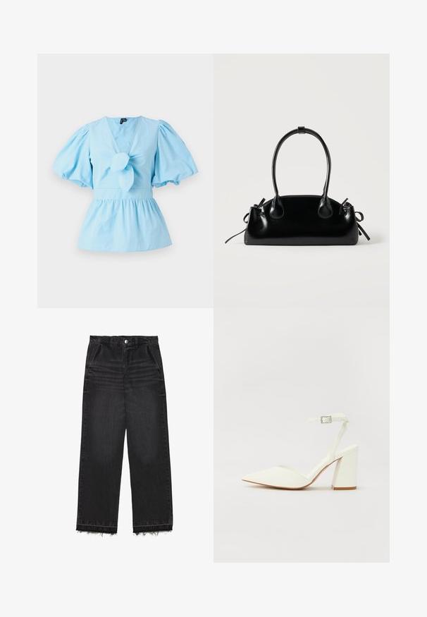 Lichtblauw top met pofmouwen, een V-hals, een geknoopte voorkant en een getailleerde taille die uitloopt in een peplumzoom. Katoenen stof.; Zwarte denim trousers met een rechte pijp. Kenmerkt zich door een hoge taille, een rafelige zoom en een subtiele vervaagde textuur. Voorzien van zijzakken.; Witte hakken sandaal met een puntige neus, verstelbaar enkelbandje en een stevige vierkante hak. Gladde textuur met minimale stiksels.; Kleine zwarte glanzende handtas met twee lange hengsels en zijkant trekkoord details op een effen lichte achtergrond.