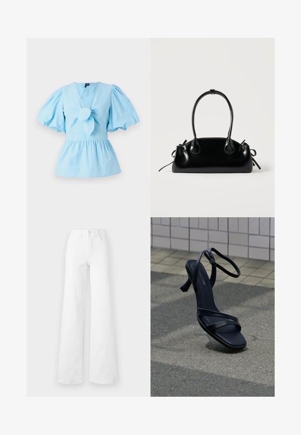 Helles blaues Oberteil mit Puffärmeln, V-Ausschnitt, geknotetem Vorderteil und einer taillierten Passform, die in einen Peplum-Saum übergeht. Baumwollstoff.; Weißeweit geschnittene Jeans aus Denim-Stoff mit hoher Taille, ausgestattet mit vorderen Taschen, Gürtelsschlaufen und einem Knopfverschluss. Glatte Textur, keine Muster.; Schwarze, römersandalenartige Sandale mit hohem Absatz und Knöchelschnalle, die über einem strukturieren grauen Pflaster mit Fliesenwand im Hintergrund schwebt.; Kleine schwarze glänzende Handtasche mit zwei langen Griffen und seitlichen Kordelzug-Details vor einfachem hellem Hintergrund.