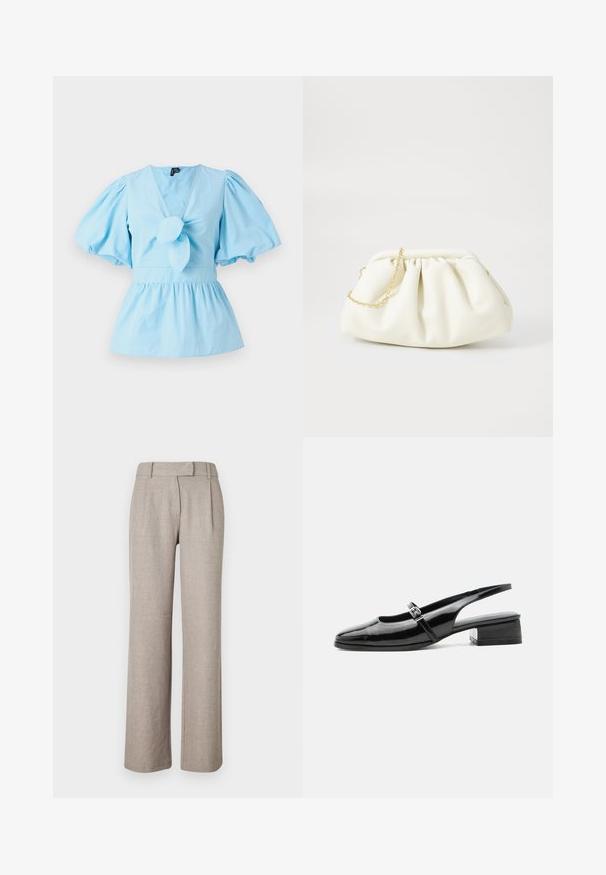 Top de manga abullonada azul claro con escote en V, detalle de nudo en la parte delantera y una cintura ajustada que se abre en un dobladillo de peplum. Tela de algodón.; Pantalones beige a medida de una tela texturizada, con un diseño de pierna recta y plisados en la parte delantera. Sin hardware ni patrones visibles.; Zapato slingback de charol negro con tacón bajo y grueso y una fina correa con hebilla de plata en la parte superior.; Bolso de mano de cuero blanco con un diseño recogido, cuenta con una cadena dorada y forma redondeada. Textura suave con pliegues suaves y sin patrones.