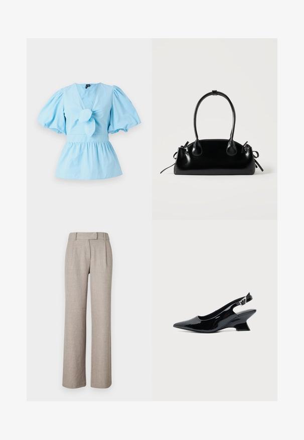 Top de manga abullonada azul claro con escote en V, detalle de nudo en la parte delantera y una cintura ajustada que se abre en un dobladillo de peplum. Tela de algodón.; Pantalones beige a medida de una tela texturizada, con un diseño de pierna recta y plisados en la parte delantera. Sin hardware ni patrones visibles.; Zapato slingback de cuero charol negro con puntera puntiaguda y tacón bajo en bloque inclinado sobre fondo claro liso.; Pequeño bolso negro brillante con dos asas largas y detalles de cordón lateral sobre un fondo claro liso.