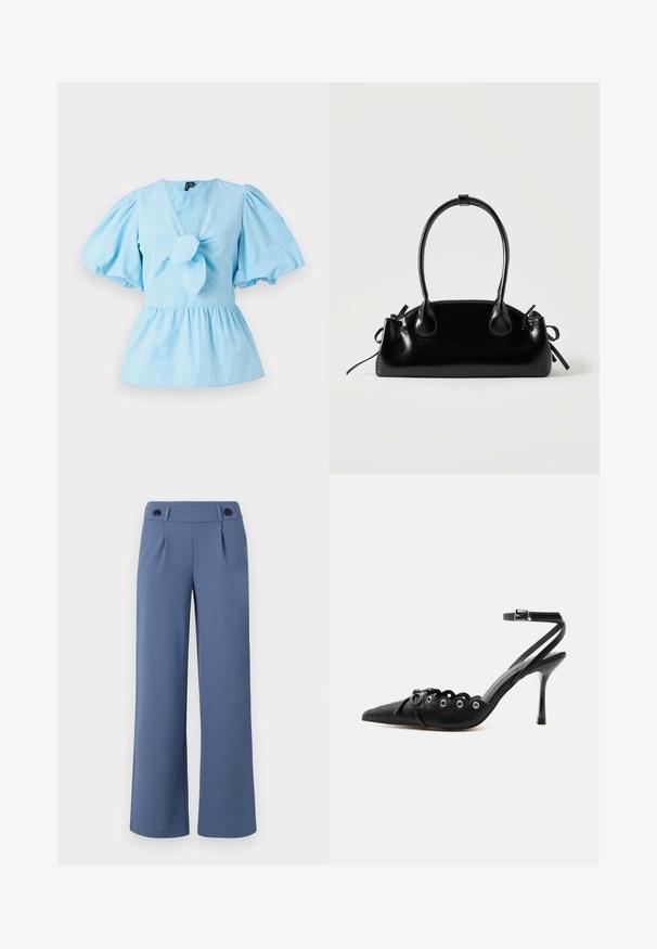Hele sinise puffy varrukatega pluus V-kaelusega, sõlmitud eesmine detail ja sobiv talje, mis laieneb peplum alläärde. Puuvillane kangas.; Sinised laiad püksid, mis on valmistatud siledast kangast. Neil on lame esikülg, kaks voldikut ning kaks musta nuppu vööosas.; Mustad terava ninaga kõrge kontsaga kingad laineliste servadega, metallist silmadega, ees nööriga ja pahkluu rihmaga, mis kinnitub pandlaga.; Väike must läikiv käekott kahe pika sangaga ja külgedel paelakinnitustega, ühel lihtsal helel taustal.