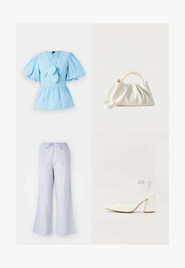 Hele sinise puffy varrukatega pluus V-kaelusega, sõlmitud eesmine detail ja sobiv talje, mis laieneb peplum alläärde. Puuvillane kangas.; Hele sinised laia säärega puuvillased püksid, millel on elastne vöökoht ja lillelised lõikemustritega tekstuur ning õhutus.; Valge kontsaga sandaal terava nina, reguleeritava pahkluuri rihmaga ja türannide ruudukujulise kontsaga. Sile tekstuur minimaalse õmblustähega.; Väike valge käekott volditud kehaga, pärlitega kaunistatud ümmargune käepide ja eemaldatav õlarihm ühevärvilisel taustal.