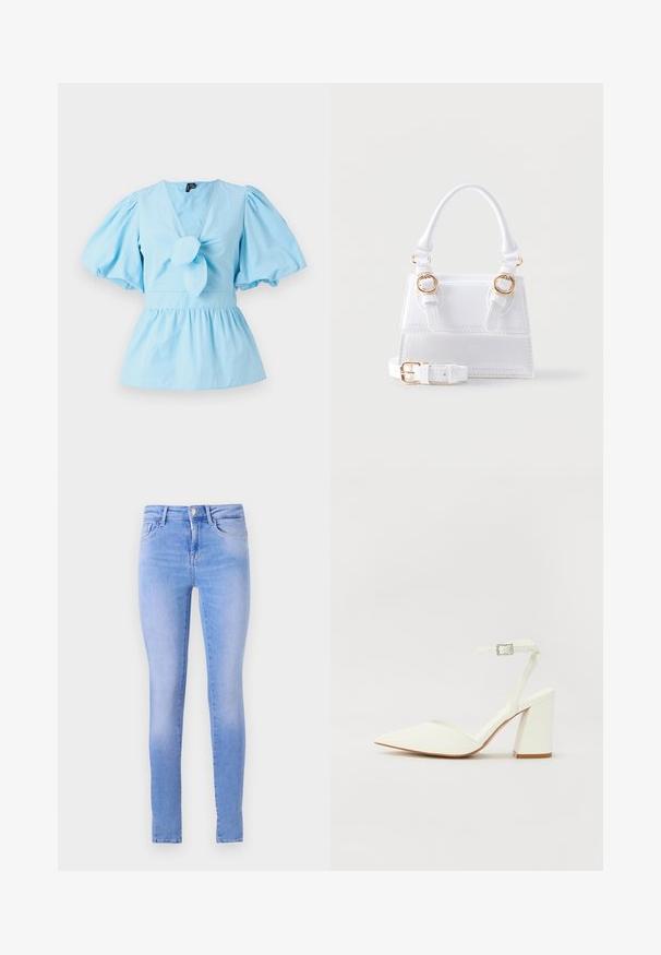 Top de manga abullonada azul claro con escote en V, detalle de nudo en la parte delantera y una cintura ajustada que se abre en un dobladillo de peplum. Tela de algodón.; Jeans skinny azul claro con un lavado descolorido, que cuentan con un diseño de cinco bolsillos, cierre de botón al frente y un dobladillo limpio.; Sandalia blanca de tacón con puntera afilada, correa ajustable en el tobillo y un tacón cuadrado grueso. Textura lisa con detalles de costura mínimos.; Bolso estructurado blanco con asa superior, dos hebillas en tono dorado en el frente y una correa de hombro ajustable y desmontable.