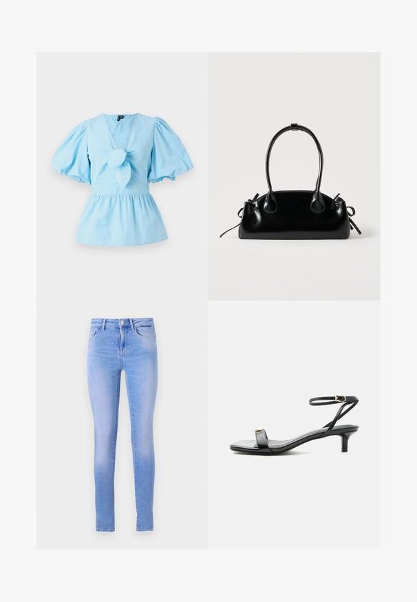 Top de manga abullonada azul claro con escote en V, detalle de nudo en la parte delantera y una cintura ajustada que se abre en un dobladillo de peplum. Tela de algodón.; Jeans skinny azul claro con un lavado descolorido, que cuentan con un diseño de cinco bolsillos, cierre de botón al frente y un dobladillo limpio.; Sandalia de cuero negro con punta abierta, tacón bajo tipo ‘‘kitten’’, tirante fino en el tobillo con hebilla dorada y detalle decorativo dorado en la tira delantera.; Pequeño bolso negro brillante con dos asas largas y detalles de cordón lateral sobre un fondo claro liso.