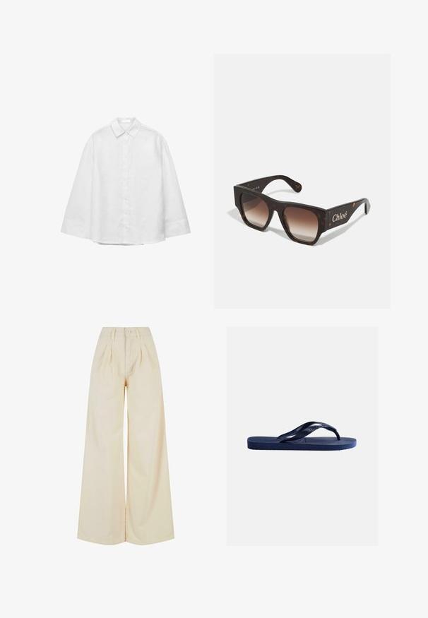 Weißes, langärmliges Hemd mit Knöpfen, breiten Manschetten und klassischem spitzem Kragen, flach auf einem weißen Hintergrund ausgelegt.; Beige weite Beinkleider mit hoher Taille, ausgestattet mit einem Knopfverschluss und Fältchen-Details. Glattes Gewebe mit weicher Textur.; Marineblaue Gummi-Zehensandale mit strukturiertem Sohlenprofil und Y-förmigem Riemen vor einfarbigem hellem Hintergrund.; Dunkle Schildpatt-Sonnenbrille mit einem flachen quadratischen Rahmen und einem Farbverlauf in Braun bei den Gläsern. Verfügt über ein Logo an der Seite und eine glatte Oberfläche.