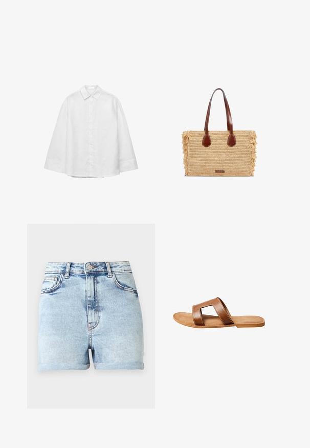 Camisa blanca de manga larga con botones, puños anchos y cuello clásico en punta, presentada extendida sobre un fondo blanco.; Pantalones cortos de mezclilla azul claro con cintura alta, cinco bolsillos y dobladillos enrollados. Presenta un sutil desvanecimiento y herrajes en tono cobre.; Sandalia deslizante de cuero marrón con una correa ancha que presenta un recorte rectangular, suela plana y costuras blancas visibles sobre un fondo blanco.; Bolso rectangular tejido de paja con asas de cuero marrón y laterales con flecos, con una pequeña etiqueta frontal.