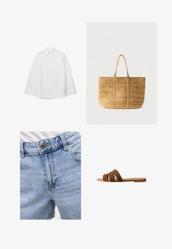 Wit overhemd met lange mouwen en knopen, voorzien van brede manchetten en een klassieke puntkraag, plat weergegeven op een witte achtergrond.; Lichtblauwe denimshorts met een hoge taille, zichtbare stiksels, twee voorkanten zakken en metalen knoopsluiting. Gladde textuur.; Bruine suède slippersandaal met drie overlappende bandjes, een platte zool en contrasterende witte stiksels op de bandjes voor detail.; Rechthoekige gevlochten strodraagt tas met twee gevlochten handvatten, natuurlijke bruine kleur en een gestructureerd patroon op een effen lichte achtergrond.