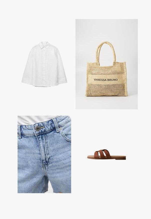 Hvid langærmet skjorte med knapper, brede manchetter og klassisk spids krave, vist fladt på en hvid baggrund.; Lyseblå denim shorts med høj talje, synlig syning, to forlommer og metalknaplukning. Glat tekstur.; Flad brun slidesandal med tre brede læderremme, der krydser foden, og en let forhøjet sål ved hælen.; Beige vævet tote bag med to håndtag og "VANESSA BRUNO" trykt i sort på et solidt vævet panel i midten.
