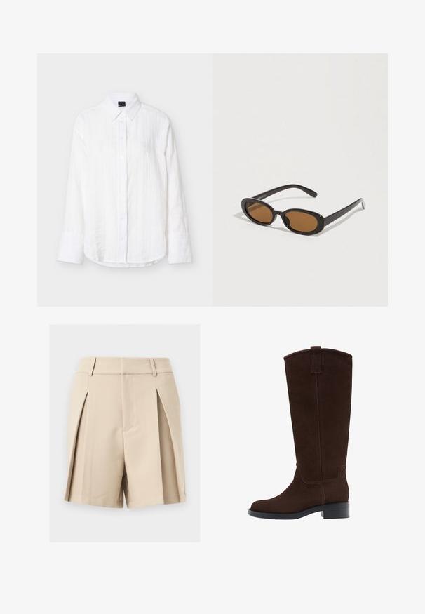 Hvid langærmet skjorte med knapper, med subtile lodrette striber, klassisk krave og brede manchetter, vist på en ensfarvet lys baggrund.; Beige, højtaljede, skræddersyede shorts med bæltestropper og forreste læg, vist mod en neutral baggrund.; Høj mørkebrun ruskindsstøvle med lav stablet hæl og rundet tå, med en trækkemærke øverst på skaftet.; Solbriller med ovale brune linser, sorte plastikstel og tynde arme. Glat tekstur med et minimalistisk design.
