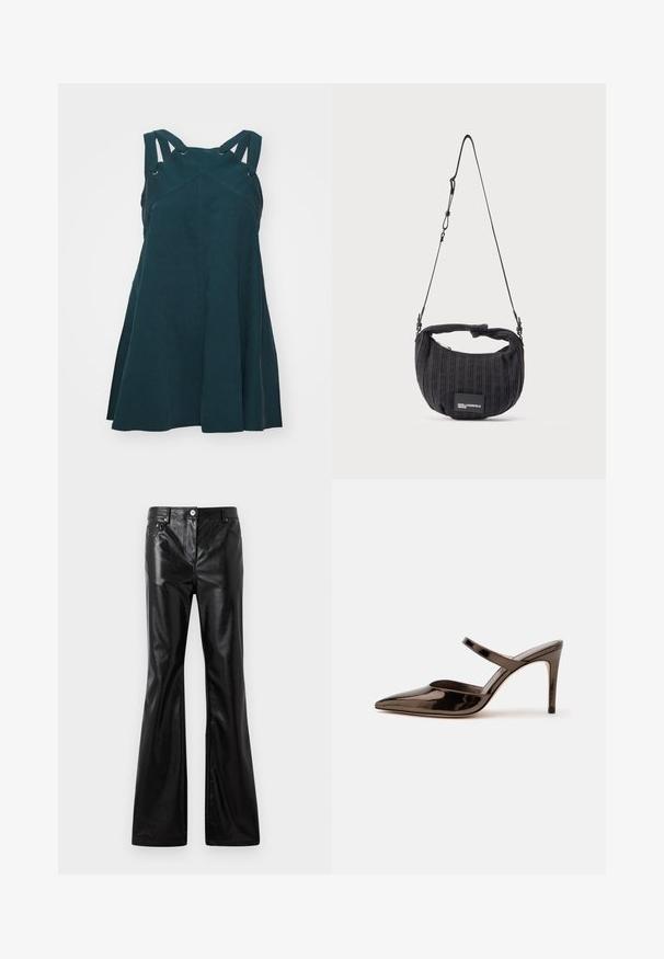 Teal, mouwloze jurk met een getailleerde bodice en een uitlopende rok. Bevat diagonale naden, verstelbare banden met metalen accenten en zijzakken.; Rabanne Wijde jeans - black; G glanzende donkerbruine mule met spitsen neus en hoge hak met een smalle band over de wreef op een effen witte achtergrond.; Zwarte geplooide handtas met een zachte, afgeronde vorm. Voorzien van een ritssluiting, een verstelbare band en een logopatch aan de voorkant.