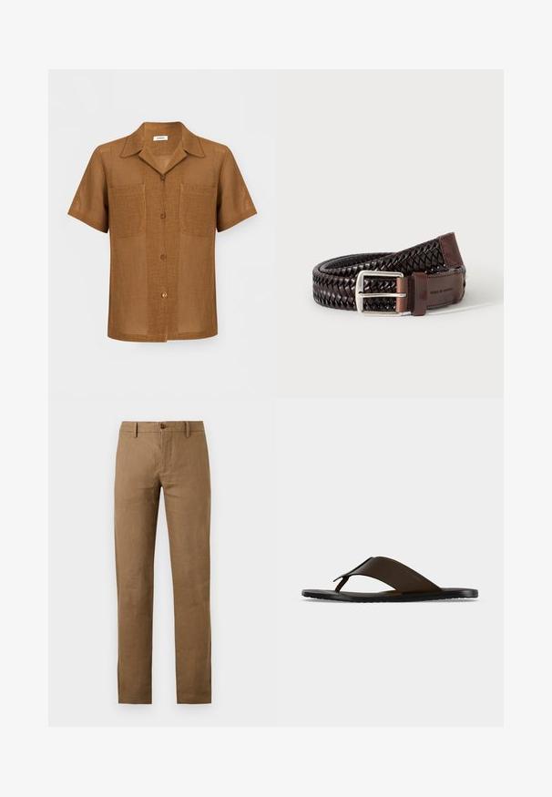 Chemise marron à manches courtes avec boutons, texture ajourée, deux poches poitrine devant et col pointu.; Pantalon marron à jambes droites avec passants de ceinture et fermeture boutonnée et zippée à l'avant sur fond uni.; Sandale tong en cuir marron foncé avec une large sangle à la cheville et une semelle plate noire, montrée de profil sur fond gris.; Ceinture en cuir tressé marron foncé avec boucle rectangulaire argentée et patch en cuir embossé de "Tiger of Sweden" sur fond blanc.