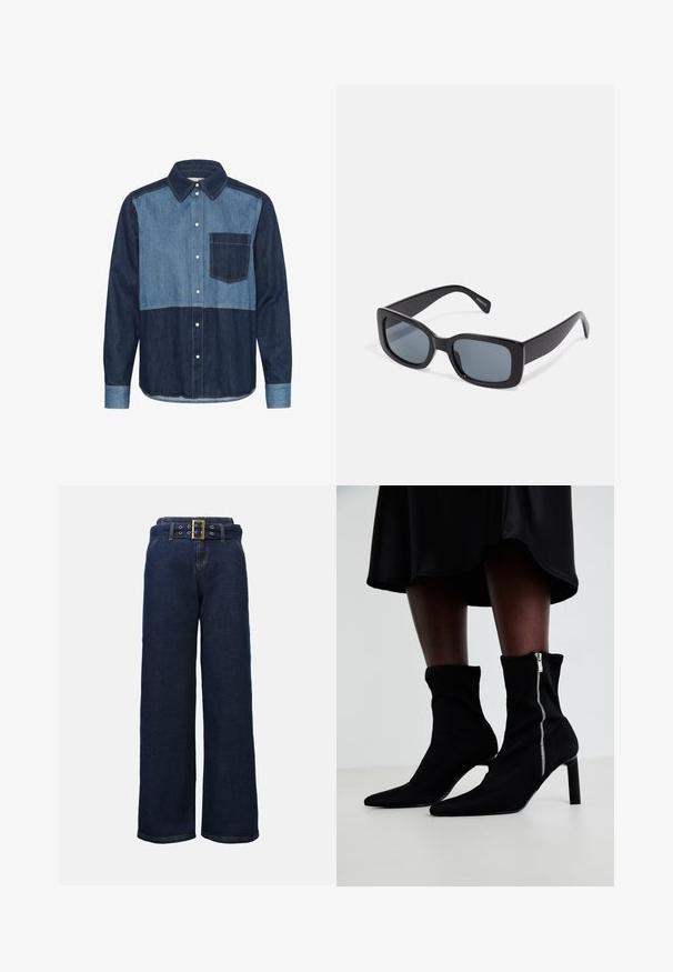 Camisa de mezclilla de manga larga para hombre con paneles bicolores en tonos azules, bolsillo en el pecho en contraste, cierre frontal con botones y cuello.; Pantalones vaqueros de pierna ancha en azul oscuro con bolsillos cosidos y un cinturón a juego que presenta una gran hebilla rectangular dorada.; Botas negras hasta el tobillo con un cuerpo de tela elástica, punta afilada y cierre lateral de cremallera, sobre un tacón fino y alto.; Gafas de sol rectangulares negras con lentes oscuros, montura de plástico grueso y patillas anchas. Superficie lisa y diseño anguloso.