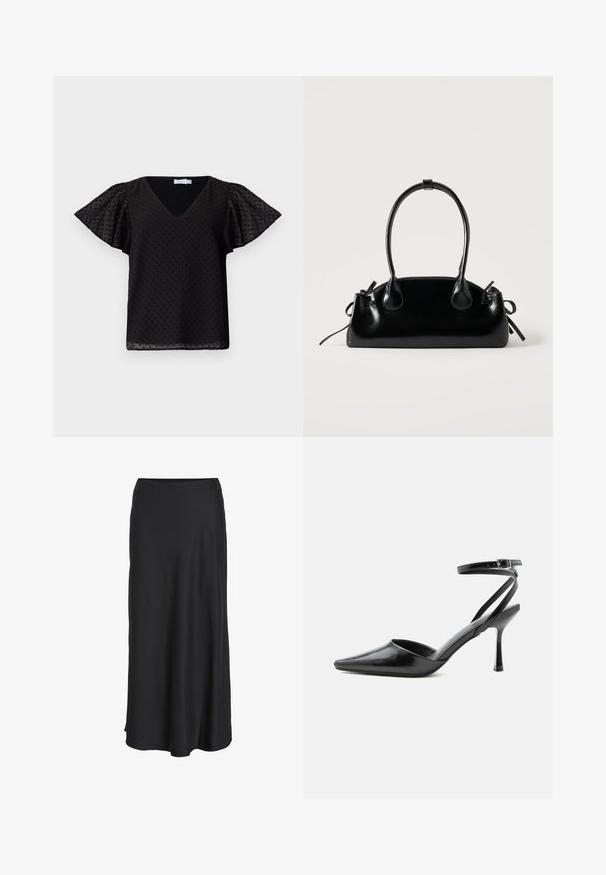 Blusa negra de escote en V con mangas cortas de vuelo, que presenta un patrón de lunares texturizados. Fabricada en un tejido ligero y semitranslúcido.; Falda larga negra confeccionada en una tela suave y ligera. Presenta una silueta sencilla en línea A con un dobladillo ligeramente acampanado y sin cierres visibles.; Zapato de tacón alto negro de punta fina con delgadas correas en el tobillo y cierre de hebilla plateada sobre un fondo liso claro.; Pequeño bolso negro brillante con dos asas largas y detalles de cordón lateral sobre un fondo claro liso.