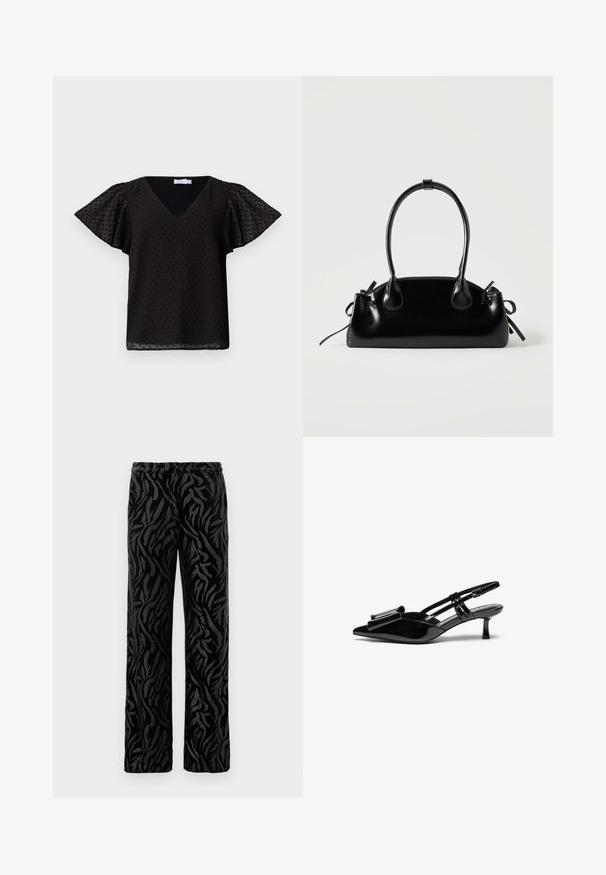 Blusa negra de escote en V con mangas cortas de vuelo, que presenta un patrón de lunares texturizados. Fabricada en un tejido ligero y semitranslúcido.; Pantalones negros con un patrón texturizado y en espiral. Fabricados con un material suave, tienen un corte de pierna recta y una cinturilla elástica para mayor comodidad.; Zapatos de tacón slingback de charol negro con punta afilada, detalle de lazo en el frente y un pequeño tacón de aguja. Las correas tienen hebillas ajustables.; Pequeño bolso negro brillante con dos asas largas y detalles de cordón lateral sobre un fondo claro liso.