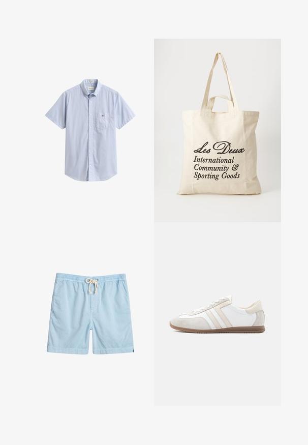 Camisa azul claro de manga corta con botones y bolsillo delantero con pequeño logo bordado en el bolsillo, diseñada para uso informal o semi-formal.; Bañador azul claro de tejido suave, con cintura elástica, bolsillos frontales y cordón de ajuste para mayor comodidad.; Zapatilla de perfil bajo en blanco y beige con detalles en ante, cierre de cordones y suela de goma marrón, mostrada de lado sobre un fondo llano.; Bolsa de algodón beige con dos asas resistentes. Presenta un texto impreso en negro: "Les Deux International Community & Sporting Goods."