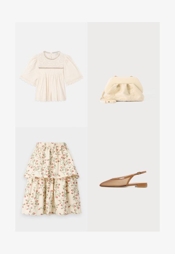 Blusa crema con mangas anchas, intrincados bordados en el pecho, borde de encaje con puntilla en las mangas y el dobladillo, y tela plisada debajo del pecho.; Falda de capas color crema con un patrón floral de fresas rojas y enredaderas verdes. Cintura elástica para mayor comodidad y ajuste.; Zapato plano marrón con tira trasera, puntera puntiaguda, tira delgada con hebilla y tacón bajo de bloque sobre fondo blanco.; Bolso de tela color crema con bordado floral, marco superior redondeado y suave, y correa ajustable, colocado en primer plano sobre un fondo gris claro.