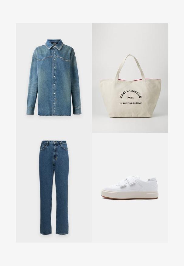 Blå denim skjorte med lange ærmer, trykknapper, spids krave og rhinsten-detaljer langs bærestykke og kravekanter.; Højtaljede straight-leg jeans i mørkeblå denim. Har en knap- og lynlåslynlås, fem lommer og en let falmet tekstur.; Hvid sneaker med to brede velcroremme, beige tyk sål og subtilt CK-logo på siden, vist i venstre profil.; Canvas shopping tote i off-white med sort tekst; har to top-håndtag og en rød accent langs åbningen. Stor, åben design.