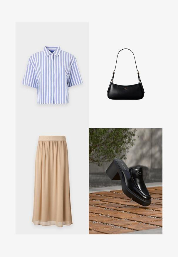 Camisa de manga corta recortada en rayas verticales en azul claro y blanco, con botones en la parte delantera, cuello clásico y tejido suave.; Falda midi beige con una amplia banda elástica en la cintura que lleva el nombre de la marca. Material suave y fluido con una textura lisa y un diseño sencillo.; Mule tipo slip-on de cuero negro de Calvin Klein con tacón de bloque descansando sobre baldosas de madera al aire libre cerca de una planta verde y una pared gris.; Mini bolso negro de cuero para hombro con correa delgada y pequeño logo dorado CK en el centro frontal.
