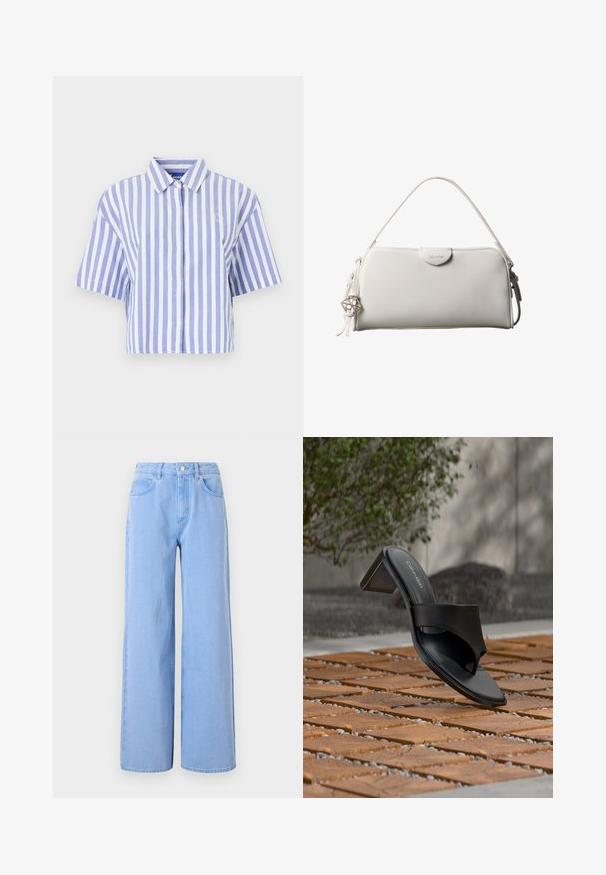 Camisa de manga corta recortada en rayas verticales en azul claro y blanco, con botones en la parte delantera, cuello clásico y tejido suave.; Vaqueros de corte amplio de color azul claro, fabricados en denim. Presentan una cintura ajustada con trabillas para el cinturón y bolsillos frontales, detalles en las costuras y un dobladillo limpio.; Sandalia de tacón negra de Calvin Klein con lazo en el dedo sobre un suelo de baldosas de madera al aire libre, cerca de un árbol y un muro de piedra.; Bolso rectangular blanco de Calvin Klein con un solo asa, diseño minimalista y borlas decorativas con un charm metálico geométrico en el lateral.