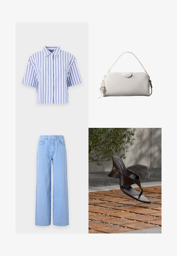 Camisa de manga corta recortada en rayas verticales en azul claro y blanco, con botones en la parte delantera, cuello clásico y tejido suave.; Vaqueros de corte amplio de color azul claro, fabricados en denim. Presentan una cintura ajustada con trabillas para el cinturón y bolsillos frontales, detalles en las costuras y un dobladillo limpio.; Sandalia de tiras con tacón marrón de Calvin Klein suspendida sobre suelo exterior de loseta de madera y grava, con fondo desenfocado de vegetación y piedras.; Bolso rectangular blanco de Calvin Klein con un solo asa, diseño minimalista y borlas decorativas con un charm metálico geométrico en el lateral.