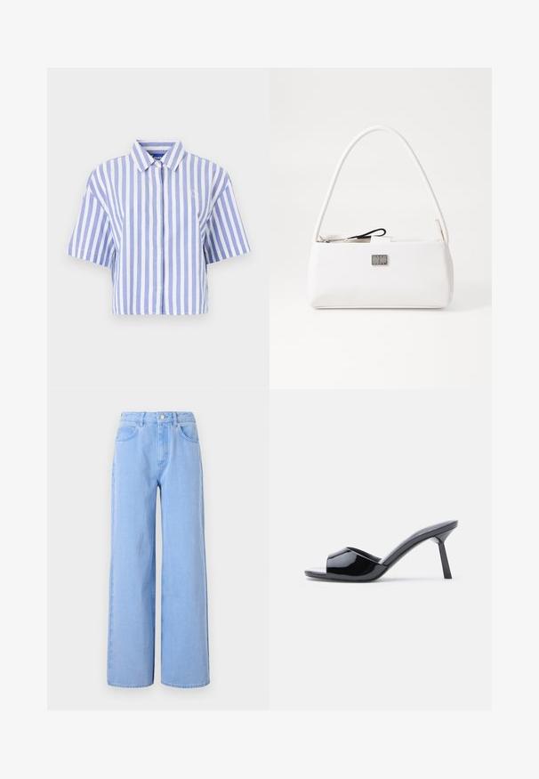 Camisa de manga corta recortada en rayas verticales en azul claro y blanco, con botones en la parte delantera, cuello clásico y tejido suave.; Vaqueros de corte amplio de color azul claro, fabricados en denim. Presentan una cintura ajustada con trabillas para el cinturón y bolsillos frontales, detalles en las costuras y un dobladillo limpio.; Sandalias de tacón con punta abierta de charol negro, con un diseño superior curvado y tacón de aguja cónico. Acabado liso y brillante.; Bolso de mano de cuero sintético blanco con un asa redondeada, forma rectangular, herrajes plateados y una pequeña placa de logo en la parte frontal.