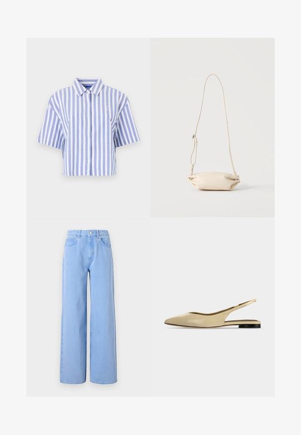 Korte mouw shirt in lichtblauw en witte verticale strepen, met knoopsluiting aan de voorkant, klassieke kraag, zachte textuur.; Lichtblauwe wijde denim jeans. Heeft een aangesloten taille met riemlussen en voorzakken, stiksel details en een schone zoom.; Beige platte slingback schoen met puntige neus, lage zwarte hak en een glad leren afwerking, zijaanzicht op een effen achtergrond.; Kleine beige leren crossbody tas met verstelbare riem, getoond tegen een effen lichte achtergrond.