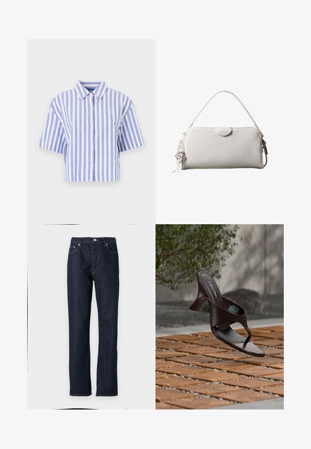 Chemise à manches courtes coupée, rayée verticalement en bleu clair et blanc, avec devant boutonné, col classique, tissu doux et texturé.; Jean en denim bleu foncé avec une coupe droite, dotée d'une fermeture à bouton et à glissière, d'un design à cinq poches et de détails de surpiqûres contrastées.; Sandale à talon marron Calvin Klein suspendue au-dessus d'un sol extérieur en dalles de bois et gravier avec un arrière-plan flou de verdure et de pierres.; Sac à main rectangulaire blanc Calvin Klein avec une seule poignée, design minimaliste et pampilles décoratives avec un charm métallique géométrique sur le côté.