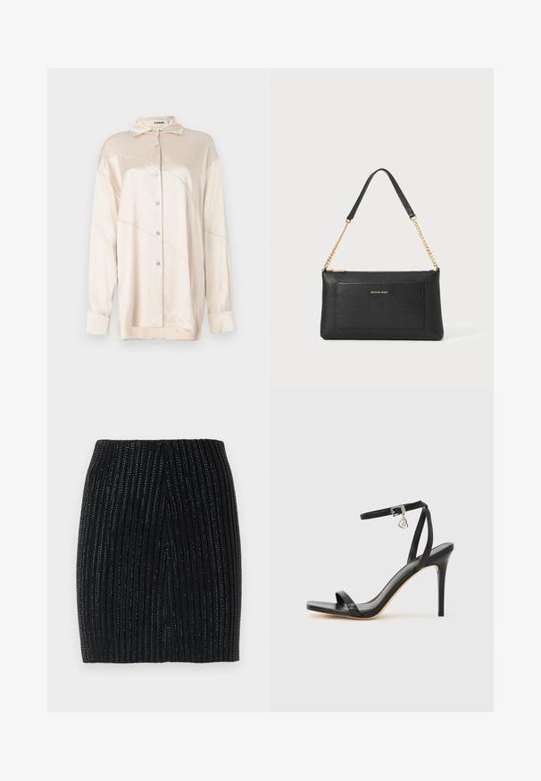 AERON ABIGAIL SHIRT - Skjortebluser - silver; Sort strikket mini skirt med lodrette ribber og subtile metallic tråde. Har et tætsiddende design og en centralt bagåbning for let bevægelse.; Sort hæl-sandal med smal ankrem, firkantet tå-boks, glat lædermateriale og metalspænde som pynt.; Sort læder clutch med pebble-tekstur, guld kædestrop og en frontlomme. Har et guld logo på forsiden.