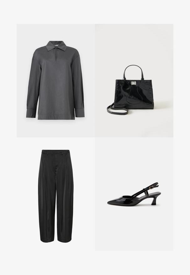 Chemise à manches longues gris foncé avec col, encolure en forme de goutte et larges poignets, présentée sur un fond blanc uni.; Pantalons noirs à jambes larges avec plis sur le devant, passants de ceinture et ajusteurs latéraux à boutons, fabriqués en tissu brillant.; Chaussure slingback en cuir verni noir à petit talon, bout pointu et bride réglable avec boucle dorée sur fond blanc.; Sac à main en cuir verni noir avec poignées arrondies, bandoulière détachable et fermeture à boucle argentée sur fond blanc uni.