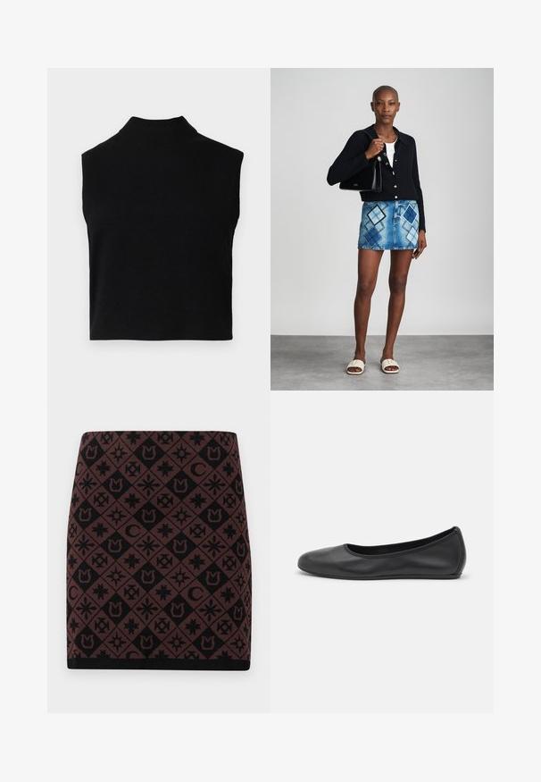 Sort ærmeløs turtleneck-top med en tætsiddende pasform, lavet af blødt stof, med en ribbet halsudskæring og en glat overflade.; Strikket nederdel med et geometrisk mønster i sort og brun med forskellige symboler, en tætsiddende form og en sort talje ved kanten.; Sort læderballetsko med rund tå, glat tekstur, minimal syning og et fleksibelt såldesign.; Sort striktrøje, hvid top, denimnederdel med blå og sort diamantmønster, sort håndtaske og beige slidesandaler.