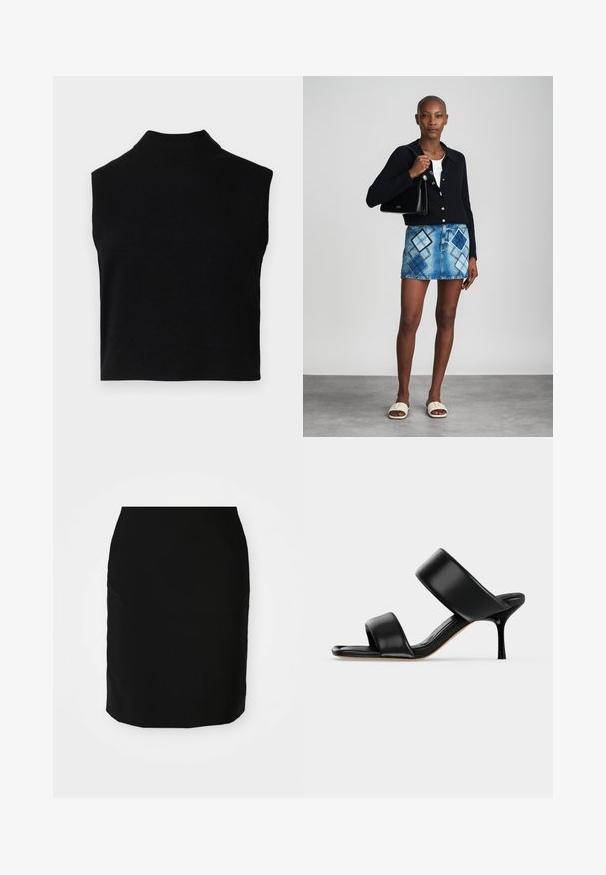 Top negro sin mangas de cuello alto con un diseño ajustado, hecho de una tela suave, con un cuello acanalado y una textura lisa.; Falda lápiz negra con una textura suave, forma recta y dobladillo a la altura de la rodilla. Sin patrones visibles ni detalles de herrajes.; Sandalia mule de cuero negro con dos tiras anchas y un tacón de aguja delgado de altura media sobre un fondo claro y sencillo.; Cárdigan negro de punto, blusa blanca, falda de mezclilla con patrón de diamantes en azul y negro, bolso negro y sandalias deslizantes beige.